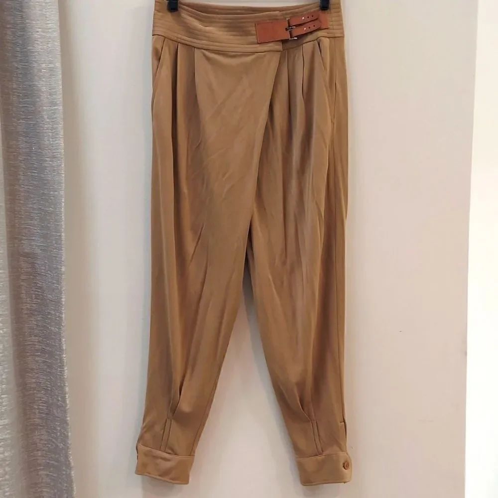 Ralph Lauren Trouser Pants Leather Belt Detail Cuff Hem Pocket Viscose Khaki 4